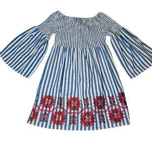 Velzer Striped Dress Off Shoulder Bell Sleeve Embroidered Summer Dress‎ Small